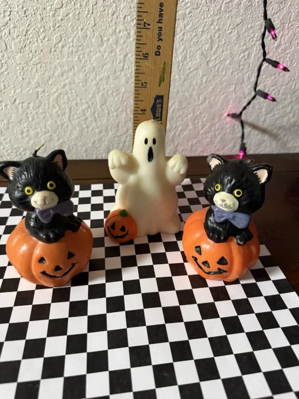 3 Vintage Halloween Candles Black Cats In Pumpkin Ghost Retro Table Top Mantel